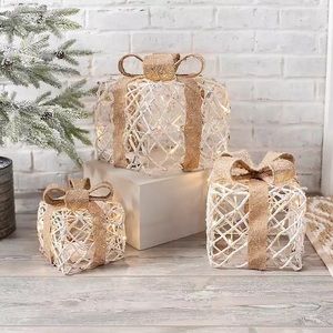 Pre-Lit White Rattan Boxes, Set of 3